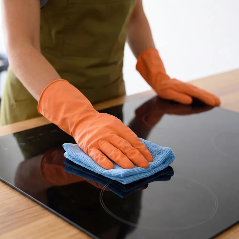 Poetsvrouw maakt een tafel schoon met een microvezeldoek als professionele poetshulp van Poets Centrale in Antwerpen.